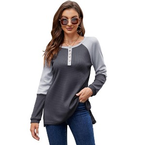 Women’s Waffle Knit Tunic Tops Color Block Long Sleeve Button Up Crew Neck Henley Shirts - 1 of 4
