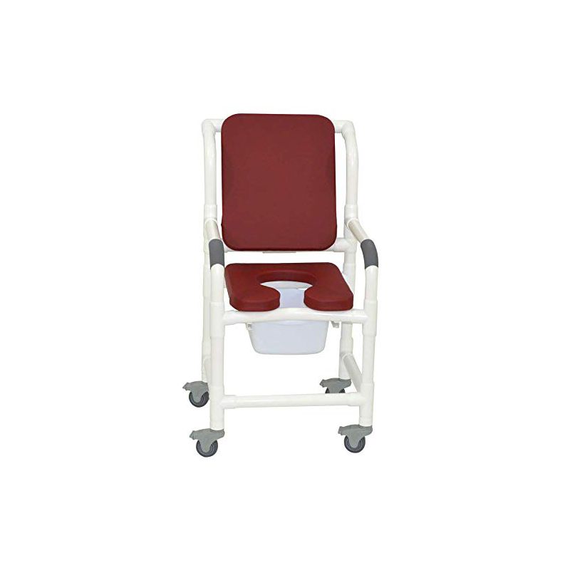 MJM International Corporation Shower chair 18 in width 3 in total locking casters Brown seat cushion padded back 10 qt slide mode pail 300 lbs wt, 1 of 2