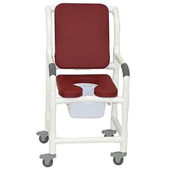 MJM International Corporation Shower chair 18 in width 3 in total locking casters Brown seat cushion padded back 10 qt slide mode pail 300 lbs wt