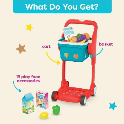 Colorful Plastic Grocery Cart with Play Food Set for Kids