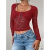 Women's Sheer Floral Lace Long Sleeve Crop Top - Sweetheart Neckline with Bow Accent - 3 of 4