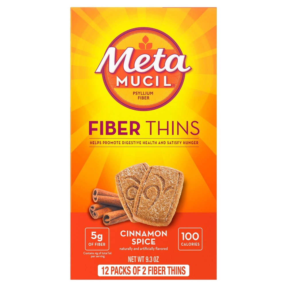 Metamucil Multi-grain Fiber Wafers - Cinnamon Spice - 12ct Metamucil Cinnamon Spice Fiber Thins are delicious crunchy fiber snacks that provide 5 grams of fiber with just 100 calories per serving (4 g total fat). They help satisfy hunger and contain 20percent of your daily rmended value of fiber to help promote digestive health. From Metamucil, the #1 doctor-rmended fiber brand. Order online today or find it in the Fiber and Probiotics section of the Digestive Health aisle in your favorite Target Store. Age Group: adult.