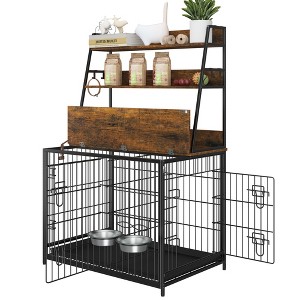 57" Dog Cage Furniture - Indoor Wooden Dog House with 3-Tier Storage Shelves and Removable Tray, Customizable Layout with Removable Dividers - 1 of 4