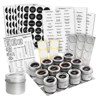 Talented Kitchen 12 Magnetic Spice Jars with 3 Metal Bases for Refrigerator, 269 Preprinted Seasoning Labels Stickers, 2 Styles, for 3 oz Containers