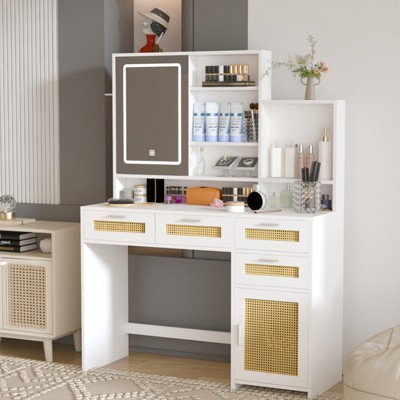 Infurnic Makeup Vanity Table Set with Stored Drawer Cabinets and Shelves, Girls Women Bedroom Square Mirror, White 42.83"*15.7"*57.09"