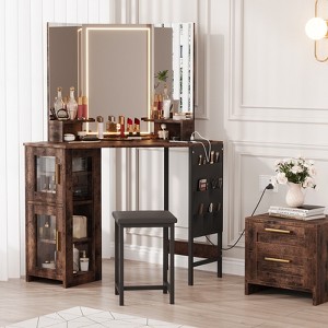 Corner Makeup Vanity Desk with Mirror, Stool & Storage, LED Light Dressing Table for Bedroom or Small Spaces, Compact Vanity Set in Black - 1 of 4