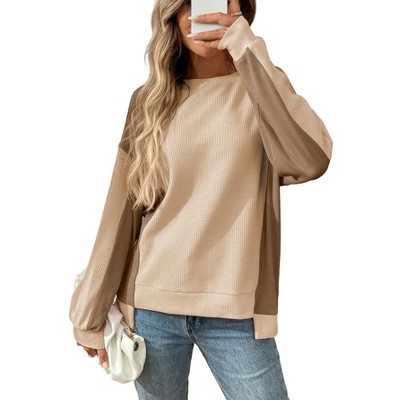 Oversized Sweatshirt for Women Waffle Knit Color Block Crewneck Long Sleeve Casual High Low Pullover Sweatshirts Tops