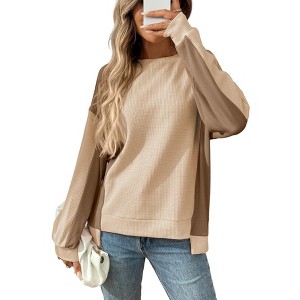 Coolmee Womens Sweatshirt Casual Long Sleeve Crewneck Color Block Pullover Tops Loose Sweatshirts - 1 of 4