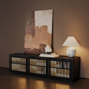 POVISON 59" Mid-Century Modern Wood Slatted TV Stand with LED lights, LED TV Stand, Black TV Console - 1 of 4