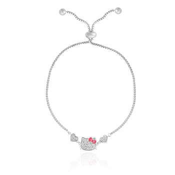 Sanrio Hello Kitty Womens Heart Lariat Bracelet, Silver-Plated and Pave Cubic Zirconia Bracelet Official License