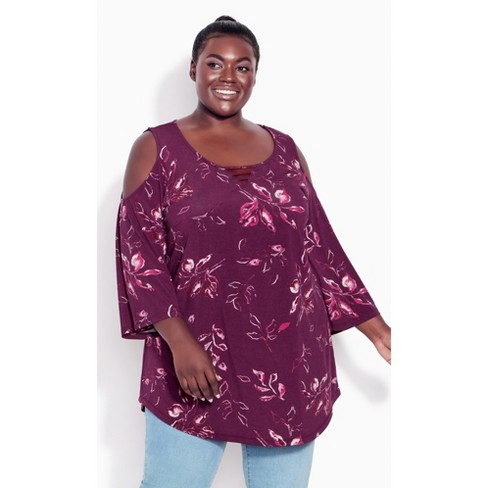 AVENUE | Women's Plus Size Cold Shoulder 3 Bar Print Top - plum - 16W