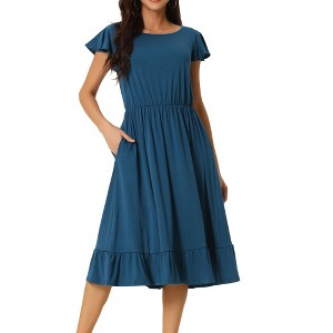 Seta T Women's Summer Casual Flutter Short Sleeve Crew Neck Ruffle Hem Midi Dress with Pockets - 1 of 4