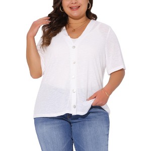 Agnes Orinda Women's Plus Size Short Sleeve Sheer Crewneck Button Down Knitted Casual Cardigan - 1 of 4