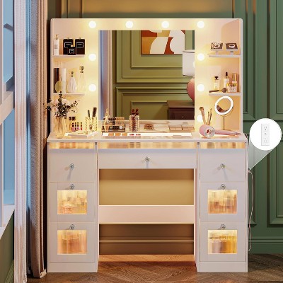Petrimins Makeup Vanity with Lights 3 Colors, Glass Top Vanity Desk with 7 Lighted Drawers, 4 Shelves, Makeup Desk, Dressing Table with Mirror