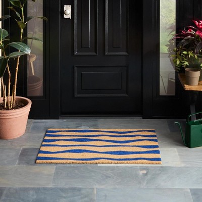Blue and Natural Coir Abstract Mountain Outdoor Door Mat, 24"x36"