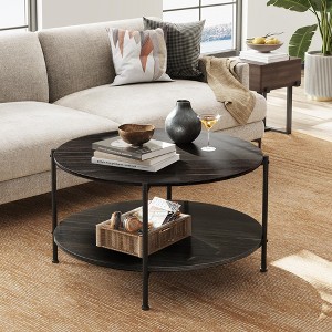 32.6" Round  Coffee Table with Open Storage Shelf, 2-Tier Industrial Circle Wood Center Table - 1 of 4