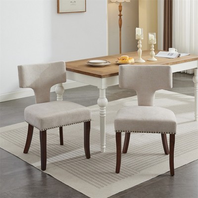 Two-piece dining chair set, linen hardwood frame kitchen side chairs with curved backs and wooden legs