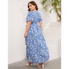 Women Plus Size Maxi Dress V Neck Summer Dress Short Sleeve Long Dress High Waist Ruffle Casual Dress with Belt, Flower Blue White, XL - 4 of 4