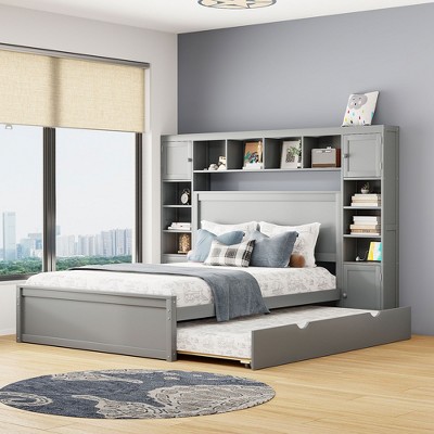 PAGED Twin Size Platform Bed Modern Wooden Bed Frame with Trundle and Headboard for Bedroom