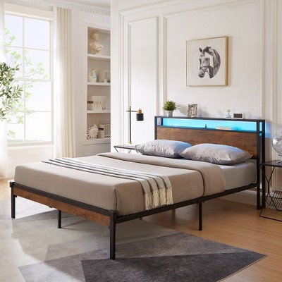 King Size House Beds With Large Under Bed Storage, King Bed Frame With Wood Headboard Footboard, Metal King Bed Frame With LED Light USB Port Black