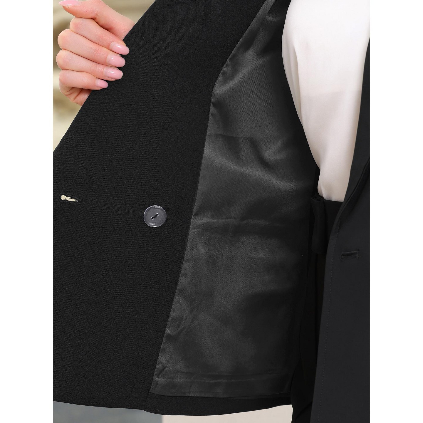 Женский пиджак INSPIRE CHIC Double Breasted Notched Lapel Long Sleeve Work Office Suit Jacket Blazer Medium Black, цвет: Чёрный — фото 5