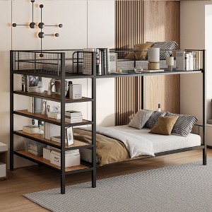 Grungis Twin Over Full Loft Bed with 5-Tier Shelves,Modern Metal Bunk Bed with Ladder and Guardrails,Loft and Bunk Bed for Bedroom - 1 of 4