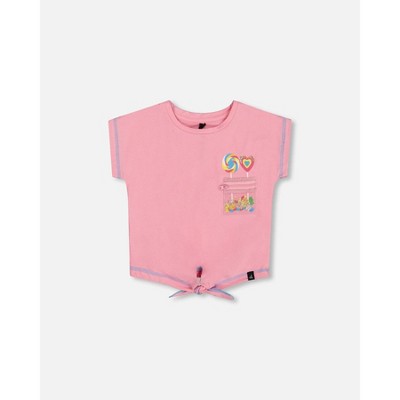 Deux par Deux Girl Organic Cotton Tee with Print and Knot Candy Pink