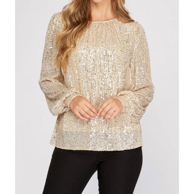 Women's Long Balloon Sleeve Sequin Top - SHE + SKY
