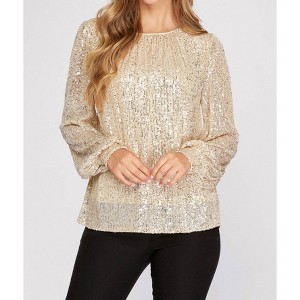 Women's Long Balloon Sleeve Sequin Top - SHE + SKY - 1 of 4