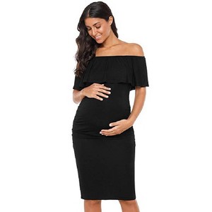 Coolmee Women's Maternity Midi Dress Off Shoulder Ruffle Sleeveless Bodycon Dress for Baby Shower S Black