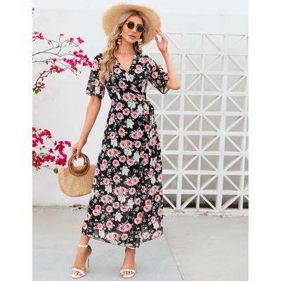 YesFashion Women's Summmer Dress Casual Boho Short Sleeve Long Dress Wrap V Neck Tunic Midi Sundress with Belt