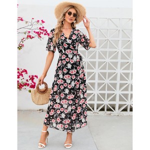 YesFashion Women's Summmer Dress Casual Boho Short Sleeve Long Dress Wrap V Neck Tunic Midi Sundress with Belt - 1 of 4