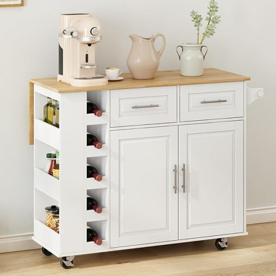 Kitchen Island Cart with 2 Drawers, 2-Door Cabinet, Spice Rack, Towel Holder & Wine Rack, Foldable Rubberwood Top