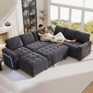 Dyonery 7-Seat Modular Sectional Sleeper Sofa with Pull-Out Bed, Reclining Backrest, USB Ports, Table, LED Lights & Storage Seats - 1 of 4