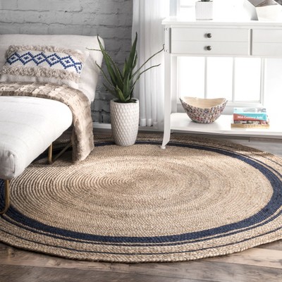 Nuloom Braided Rikki Border Jute Area Rug, Round 4', Navy : Target