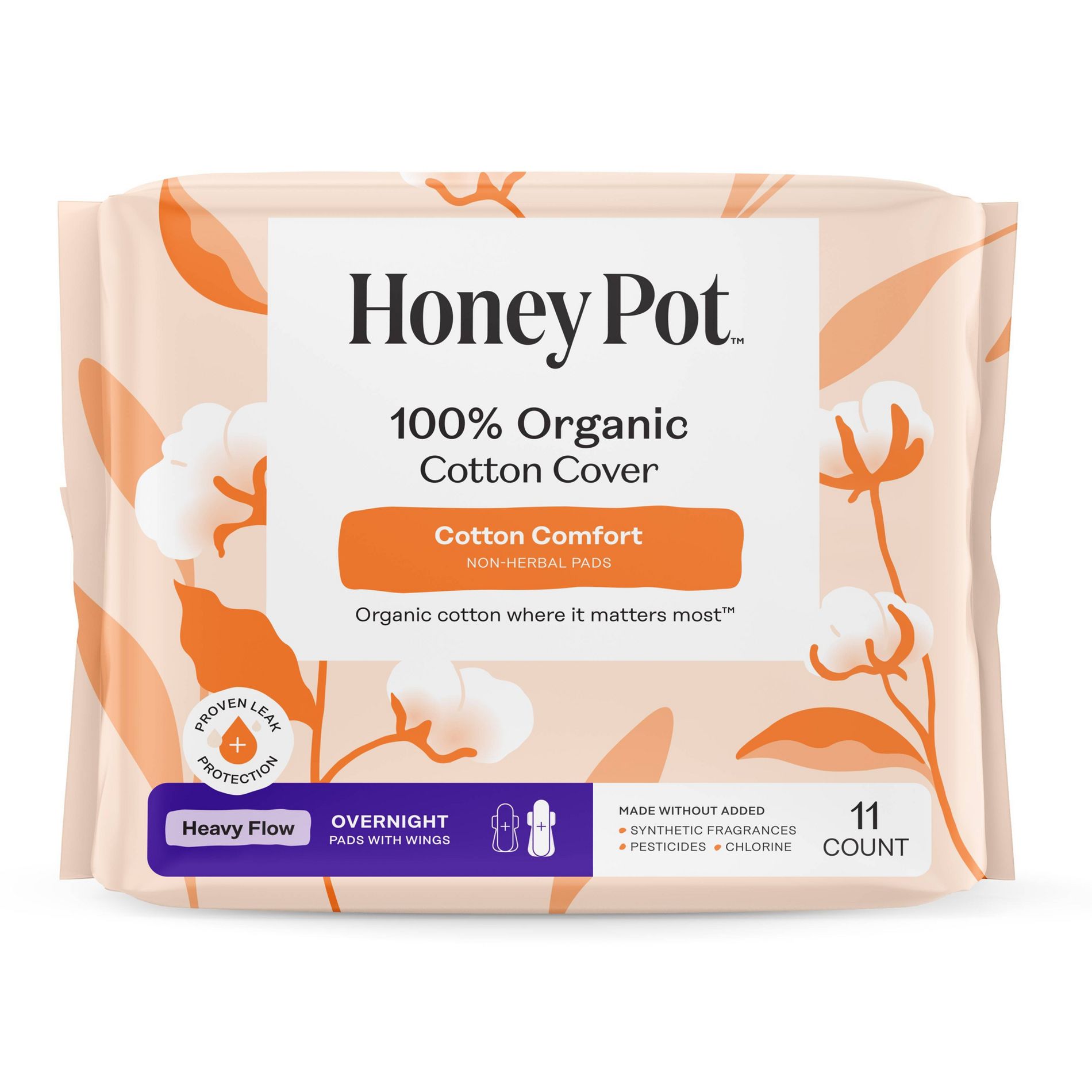 Honey Pot 100% Organic Cotton Comfort Cover Heavy Flow Overnight Pads - 11 ct