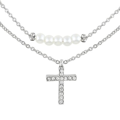 Women's Silver Cross Pendant and Imitation Pearl Layered Necklace