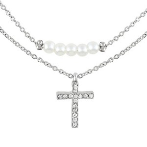 Women's Silver Cross Pendant and Imitation Pearl Layered Necklace - 1 of 2