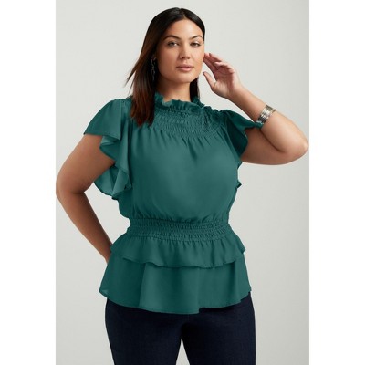 June + Vie by Roaman's Women's Plus Size Mockneck Ruffle Blouse
