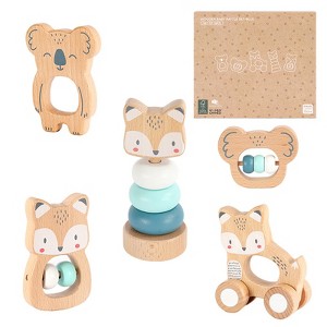 Freniland - Wooden Baby Rattle Toy Set – 5 PCS Blue Animal Themed Teether and Rattles, Natural Beech Wood Montessori Toys for 10M+ - 1 of 4