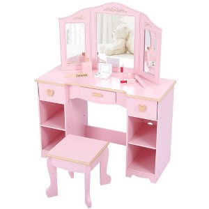 Kids Vanity Set with Mirror and Stool, Wooden Girls Makeup Playset, Princess Vanity Table for Kids, Toddlers, Pink - 1 of 4