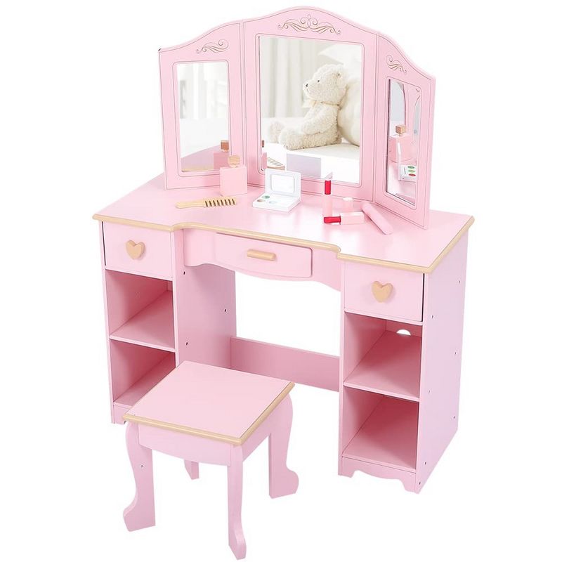 Kids Vanity Set with Mirror and Stool, Wooden Girls Makeup Playset, Princess Vanity Table for Kids, Toddlers, Pink, 1 of 7