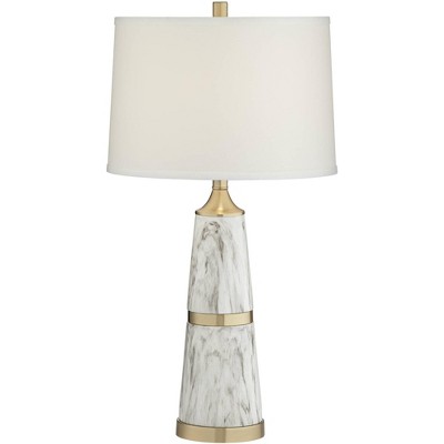 Possini Euro Design Modern Table Lamp White Faux Marble White Drum Shade for Living Room Bedroom Bedside Nightstand Office Family