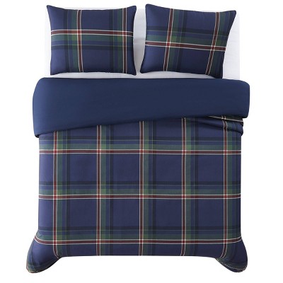 Twin Blue Microfiber Reversible Plaid Bedspread Set