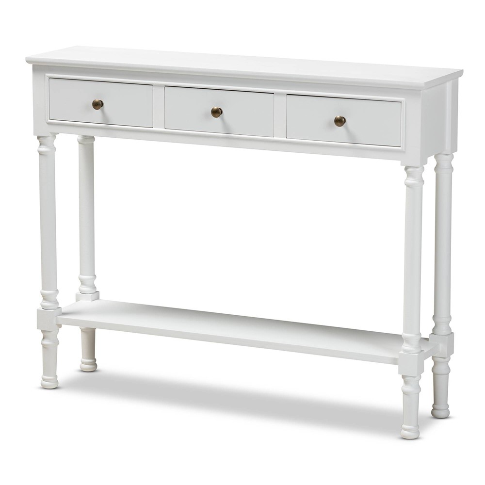 Photos - Coffee Table 3 Drawer Calvin Wood Entryway Console Table White - Baxton Studio: Gold Kn