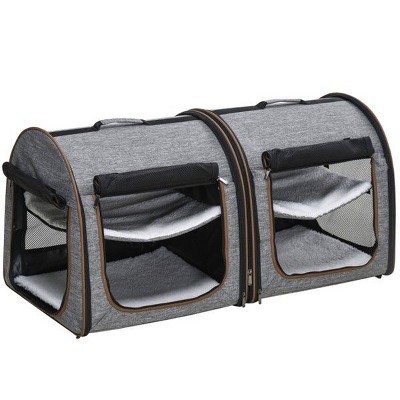 Munora 39" Twin Compartment Cat Carrier, Foldable Soft-Sided Kennel with Cushions & Bag (Gray)
