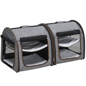 Munora 39" Twin Compartment Cat Carrier, Foldable Soft-Sided Kennel with Cushions & Bag (Gray) - 1 of 4
