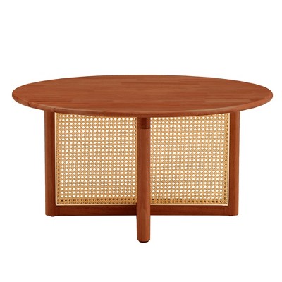 Vynxaria Natural Elegant Deep Red Wooden Coffee Table - Artificial Rattan Decor, Solid Wood Build, for Fashionable Living Room & Tea Time