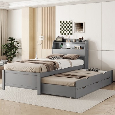 LED Platform Bed with Trundle and USB Ports, Bed with Flip-Up Storage Headboard and Under-Bed Drawers, Wooden Frame Bed-Baofuwish