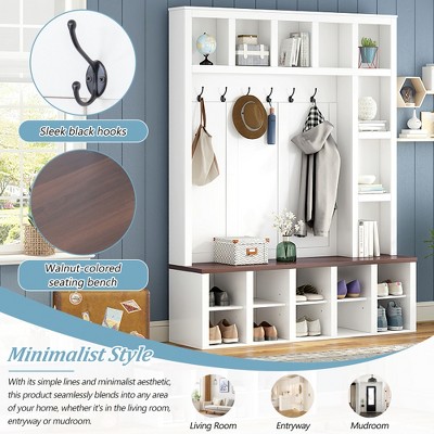 76.7"H Farmhouse Wooden Hall Tree with 6 Hooks, Walnut Storage Bench, 4-in-1 Entryway Shoe Cabinet for Mudroom, Living Room